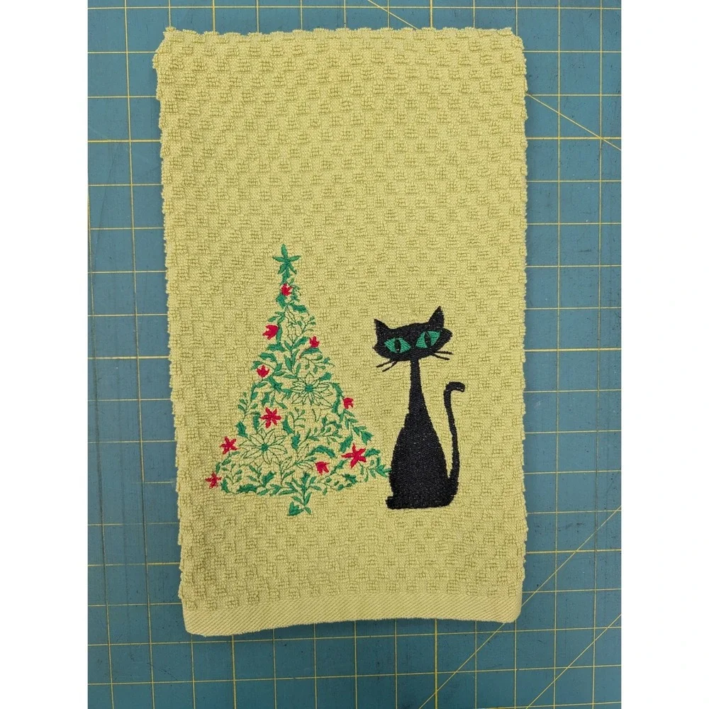 Christmas Tree Retro Mid Mod Cat Mid Century Modern Atomic Kitchen Hand Towel